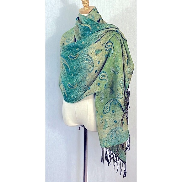 Pashmina blue green gold metallic rectangular silk blend paisley with fringe - Picture 1 of 8